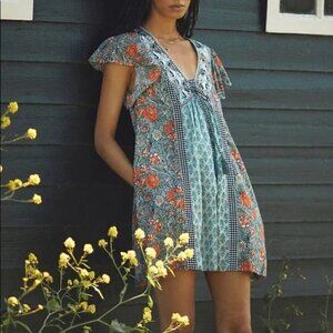 Anthropologie Astrid tunic mini dress in blue green‎ motif, New with tag